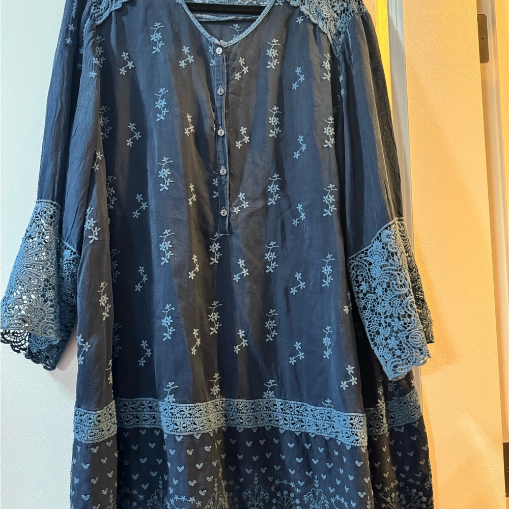 Johnny Was Blue Embroidered Tunic Top